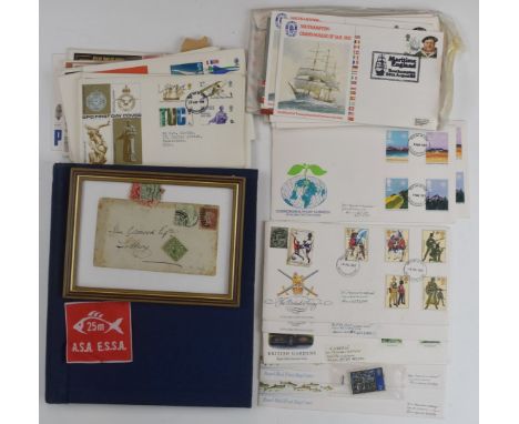 A blue springback stamp album containing GB and world stamps, a selection of GB first day covers and a framed 1d red Queen Vi