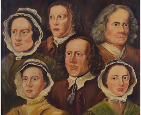 After Hogarth oil on canvas portrait of six people 'Servants', with details indistinctly marked verso, 42 x 50cm, in gilt fra