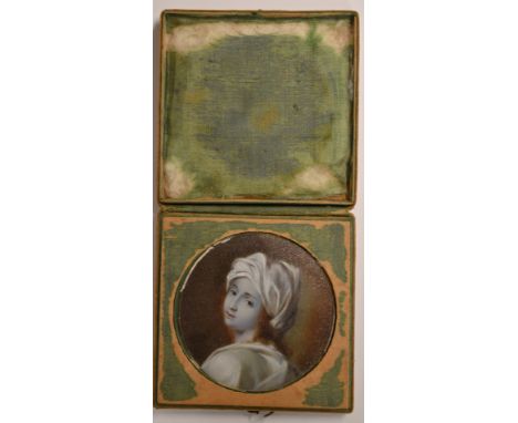 Bianca Festa (Italian 1802-1884) portrait miniature of a young women wearing ivory silk, signed by the artist, diameter 6.1cm