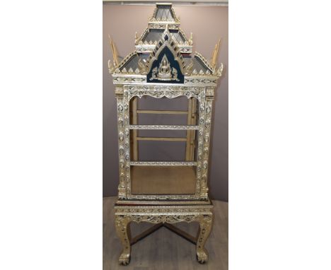 Royalcore style Thai / Indian pagoda prayer cabinet on stand with ornate deity decoration and glass shelves, W76 x D76 x H225