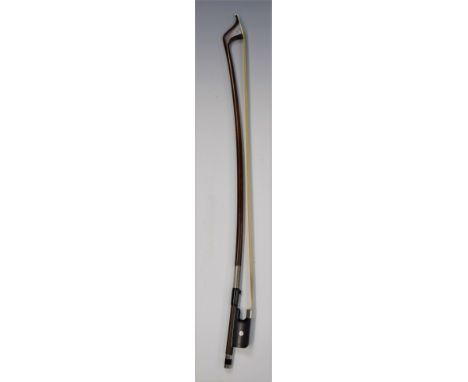 French Bazin style nickel&nbsp;mounted double bass bow, round stick, ebony frog inlaid with mother of pearl eyes, the ebony a