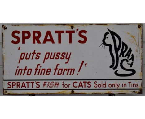 Spratt's animal/ cat food enamel advertising sign, 'Puts Pussy into fine form! Spratts fish for cats sold only in tins' 30 x 