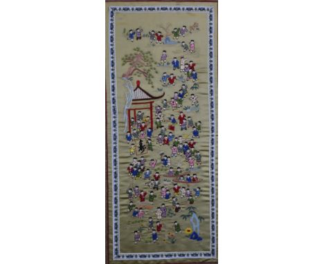 Chinese&nbsp;19th/20thC embroidery of children playing in procession, 63 x 31cm