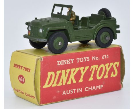 Dinky Toys diecast model Austin Champ with driver and green body and hubs, 674, in original box.&nbsp;