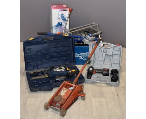 Collection of tools including Erbauer electric tile cutter, Power Devil planer, cased set of Marples woodworking chisels etc