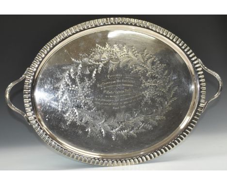 Suffragette interest - a silver plated twin handled tray with inscription 'Presented to Miss Downing and Miss Outerbridge by 