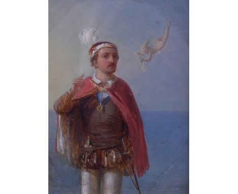 19thC oil on canvas portrait of a man with sword, dagger and order or similar medal with cape and feather headdress, with put