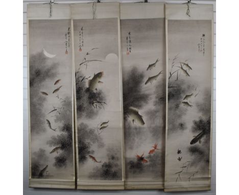 Four early to mid 20thC Chinese scroll paintings depicting fish, with script and seal mark, 145 x 42cm