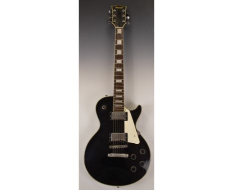 Satellite Gibson Les Paul style electric guitar, c1970s, in black lacquered finish with white scratch plate and ivory coloure