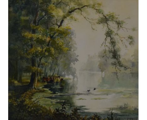 Edward Poole watercolour landscape cattle watering at a lake with Arundel Castle in the mist beyond, signed lower right, 32 x
