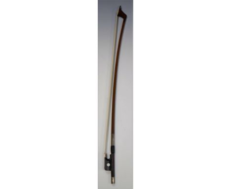 Stephane Muller white metal&nbsp;mounted double bass bow, octagonal stick, the ebony frog inlaid with large mother of pearl e