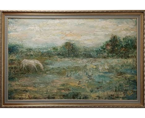 DEMEDIUK, NATALIA (Ukrainian b. 1982), "July Field", impressionistic landscape with horse in field, oil on canvas 50 x 80 cms