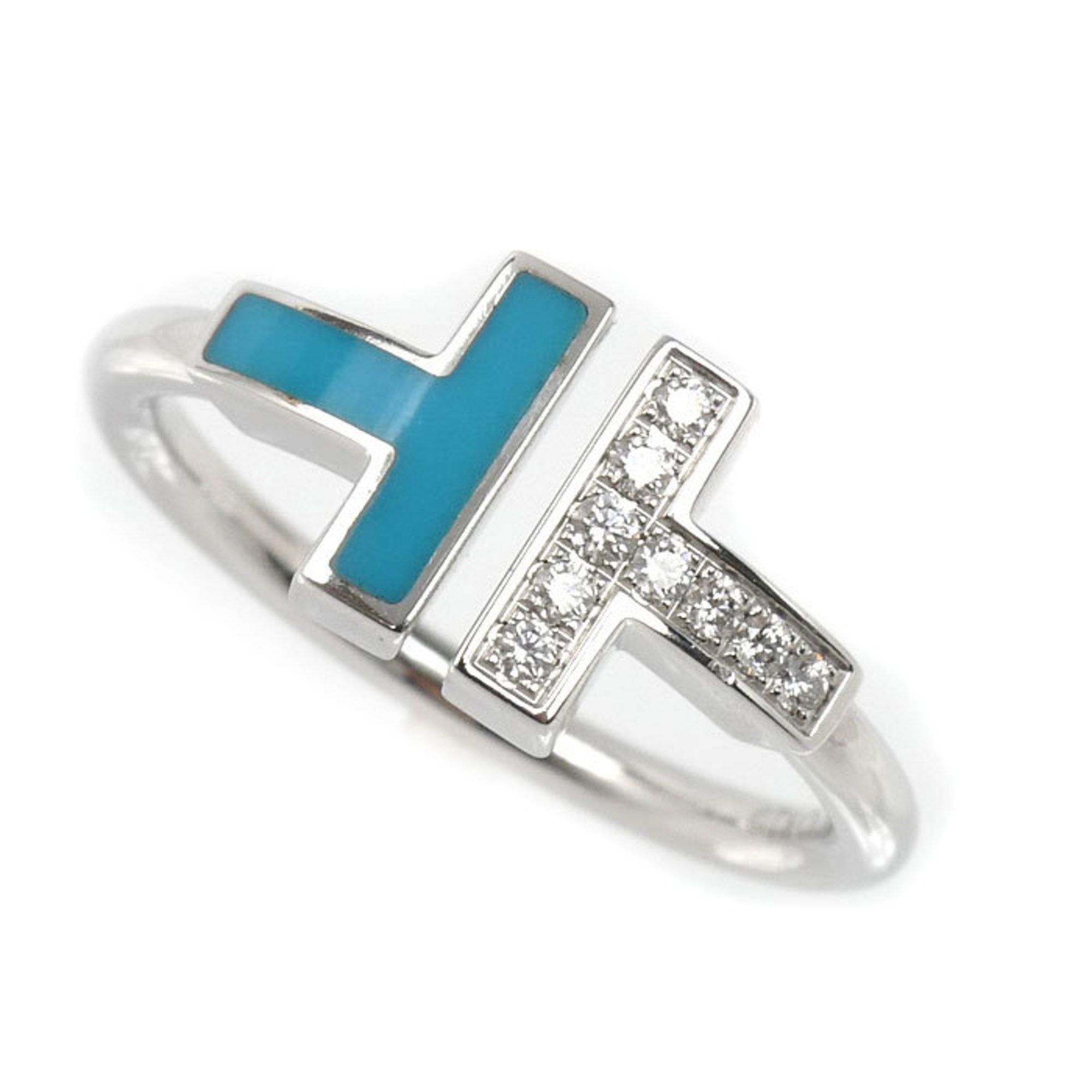 TIFFANY & Co. 18K White Gold T-Wire Turquoise and Diamond Ring, 64028189, Diamond, Turquoise, 4.6g,