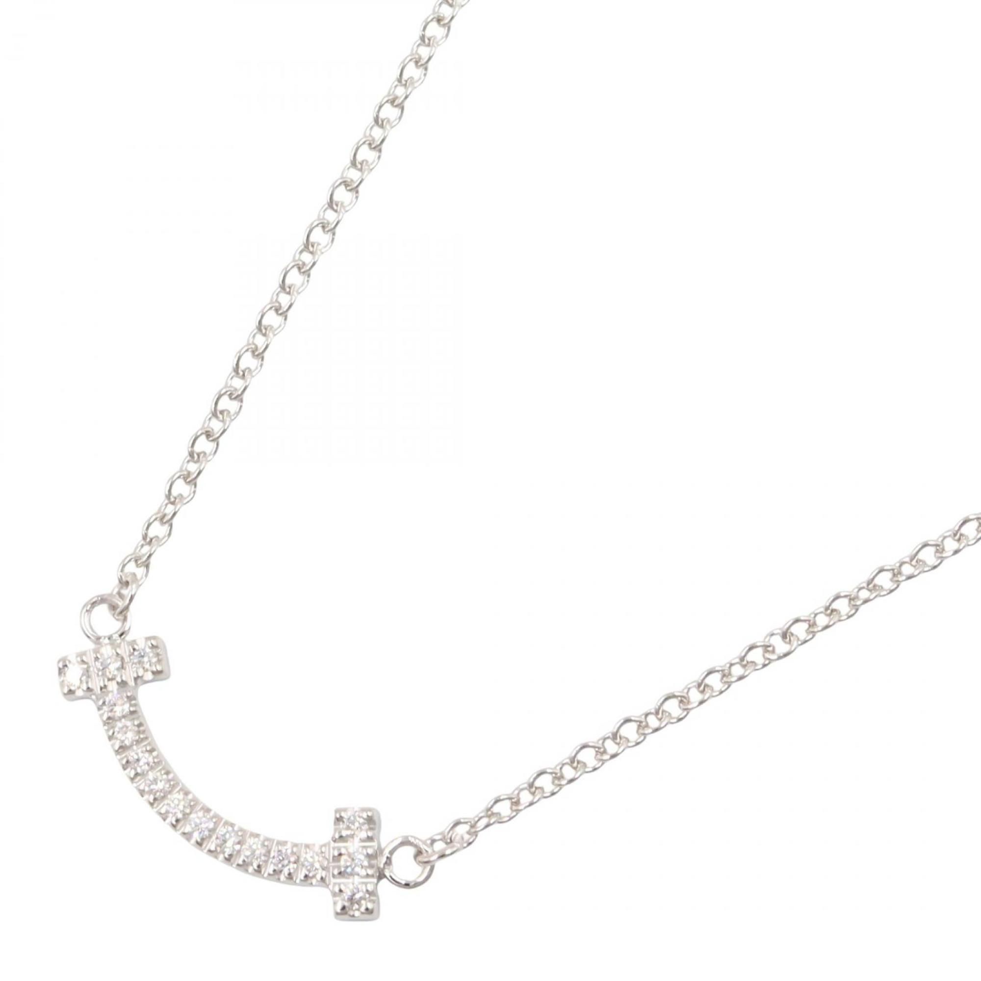 Tiffany & Co. T Smile Necklace, Mini Diamond 18K White Gold, Diamond, Women's, Silver, Clear, 626177