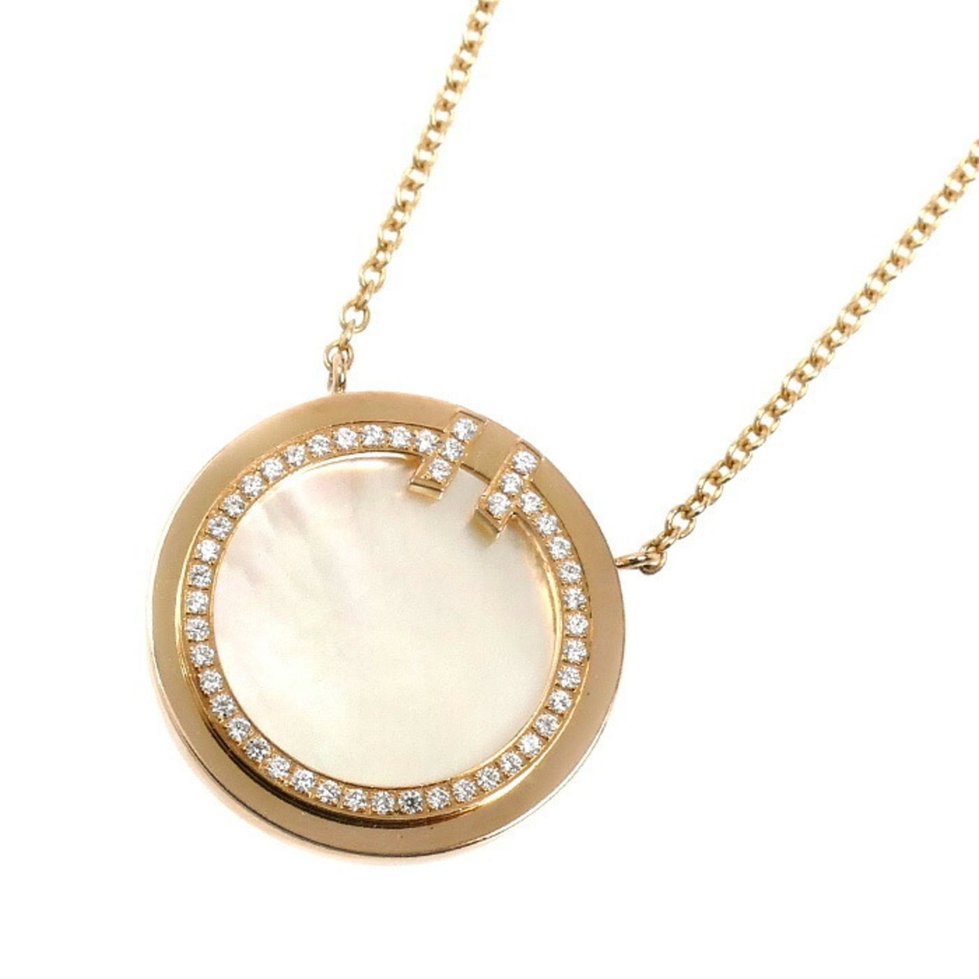 TIFFANY & Co. Tiffany K18PG Pink Gold T Circle Necklace 64026801 with Diamonds and Shell, 4.4g, 40.5