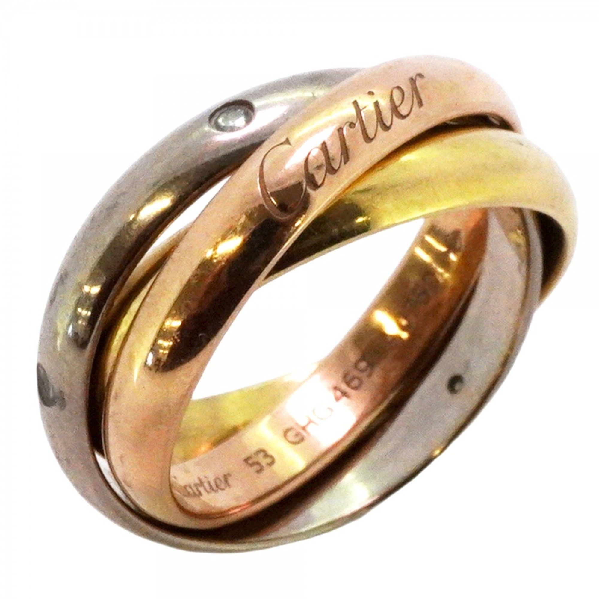 Cartier Trinity Ring, Classic Model, 5PD, 18KYG Yellow Gold, 18KWG White 18KPG Pink Diamond, #53, Wo