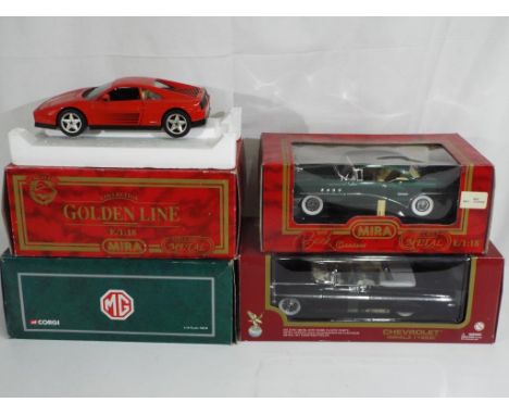 Diecast - four 1:18 scale diecast vehicles by Mira, Road Legends and Corgi to include Corgi 95106 a limited edition MGB and s