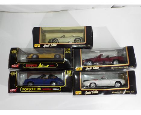 Diecast - five 1:18 scale diecast vehicles in original boxes comprising Maisto Mercedes 190SL, 500SL, Porsche Boxster, two An