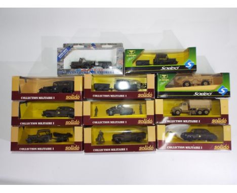 Diecast - eleven military diecast vehicles by Solido, comprising a 50th Anniversary Limites Edition US Jeep and trailer, #600
