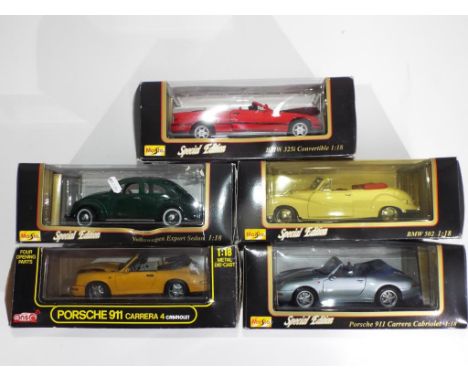 Diecast - five Maisto 1:18 scale vehicles to include 1951 Volkswagen, BMW 502 and similar, items appear to be in excellent to