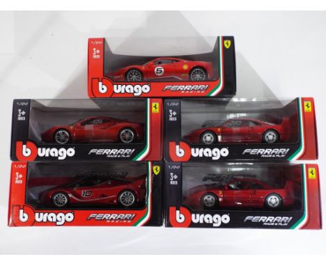 Diecast vehicles  - five Burago 1:24 Ferrari in original boxes, comprising two F40, 458 Challenge, 488 GTB and FXXK, models a