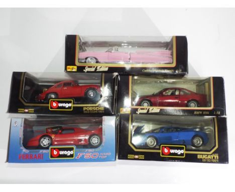 Diecast - five 1:18 scale vehicles by Burago and Maisto to include Ferrari F50, Cadillac Eldorado and similar, items appear t