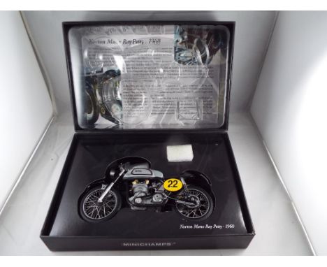 Diecast - a Minichamps 1:12 scale Norton Manx Ray Petty 1960 bike, appears to be in mint condition (front forks and mudguard 