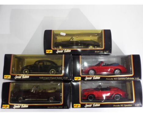 Diecast - five Maisto 1:18 scale diecast vehicles to include 1951 Volkswagen, Porsche 911 and similar, models appear to be in