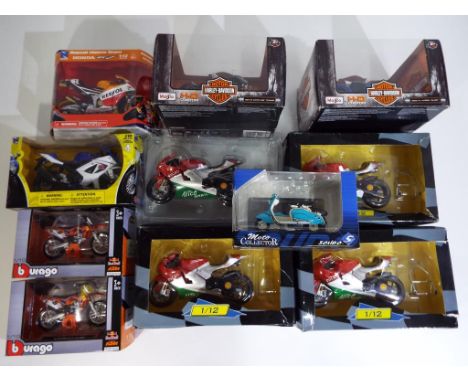 Diecast - eleven 1:12 and 1:18 scale motorbikes in original packaging by New Ray, Burago and others, includes two Maisto 1:18