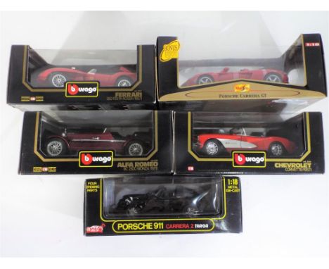 Burago, Anson, Maisto - five diecast 1:18 scale model cars including #3007 Burago Ferrari 250 Testa Rosa, Anson Porsche 911 C