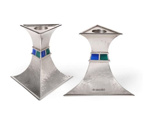A Pair of Silver and Enamel Candlesticks, maker's mark ASL, Birmingham 2010, of triangular form with planished finish and alt