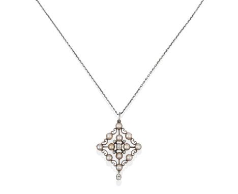 An Early 20th Century Pearl and Diamond Pendant on Chain, of lozenge form, with an old cut diamond centrally, four rose cut d