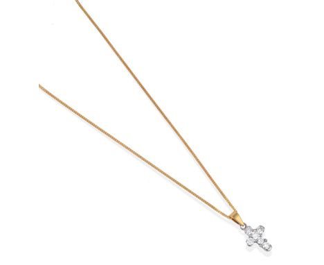 A Diamond Cross Pendant on An 18 Carat Gold Chain, the cross set with six round brilliant cut diamonds in white claws on a ye