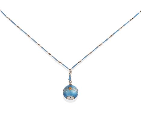 A Lady's Silver and Enamel Ball Pendant Watch with the Original Enamel Chain, circa 1910, cylinder movement, enamel dial with