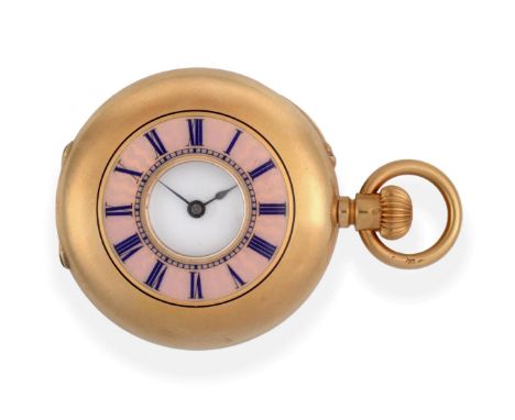 A Lady's 18ct Gold Enamel Fob Watch, circa 1900, frosted gilt finished movement numbered 272119, 'moustache' counterpoised le