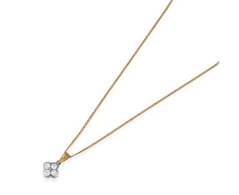 An 18 Carat Gold Diamond Pendant on Chain, a yellow grooved pendant bale suspends a quatrefoil of round brilliant cut diamond