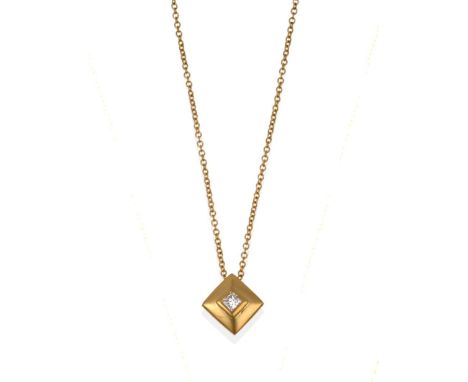 An 18 Carat Gold Diamond Pendant on Chain, a princess cut diamond in a yellow square mount suspended from a trace link chain,