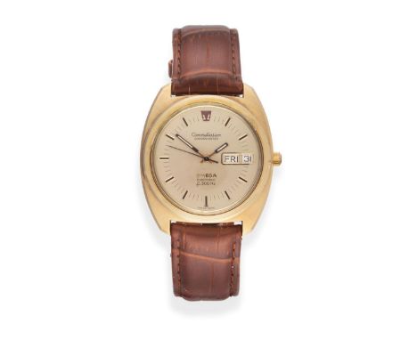 A Gold Plated Electronic Day/Date Centre Seconds Wristwatch, signed Omega, Chronometer electronic f300Hz, model: Constellatio