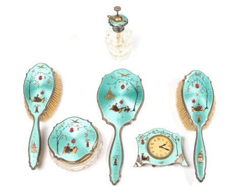 A Silver and Enamel Chinoiserie Dressing Table Set, marks of Adie Bros and Mappin &amp; Webb, Birmingham 1930, comprising two