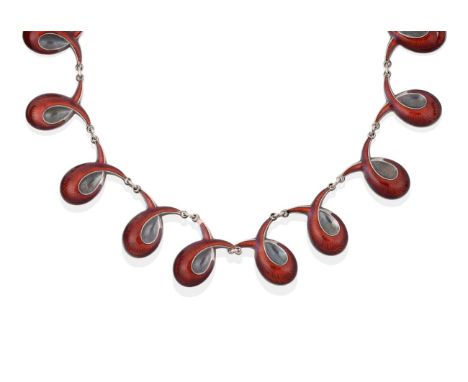 A Norwegian Silver Enamel Necklace, seventeen intertwined swirl links, enamelled in red, length 37cm see illustration .  The 