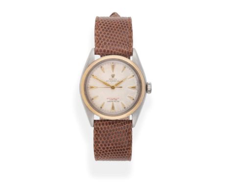 A Rare Steel and Gold Automatic Centre Seconds Wristwatch with Dial marked ''Officially in Red'', signed Rolex, Oyster Perpet