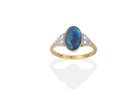 An Art Deco Opal and Diamond Ring, the oval cabochon opal in a white fronted millegrain setting, to shoulders set with eight-