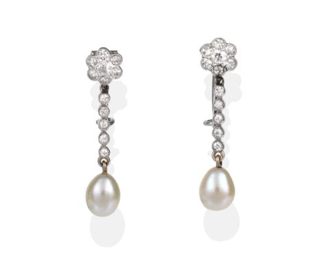 A Pair of Pearl and Diamond Drop Earrings, a cluster of old cut diamonds in millegrain settings suspend a pearl from a diamon