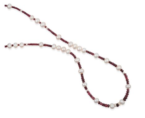 A Red Spinel and Cultured Pearl Necklace, faceted red spinel beads spaced at intervals by groups of cultured pearls, length 6