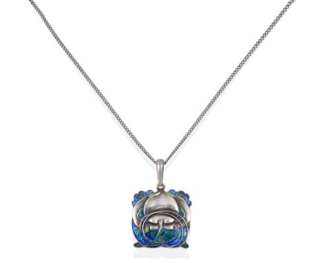 An Art Nouveau Silver and Enamel Pendant on Chain, by William Hair Haseler, the pendant enamelled in blues and greens, on a f