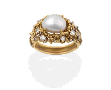 An 18 Carat Gold Cultured Pearl and Diamond Ring, by Charles de Temple, a cultured pearl in a claw setting, to a textured clu