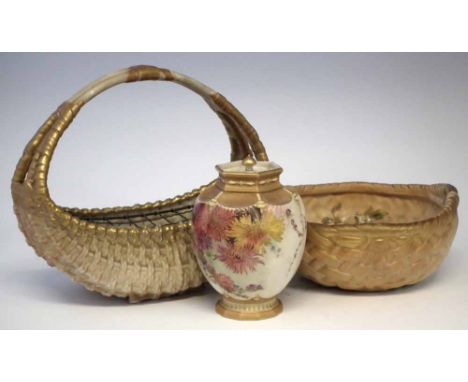 Two Royal Worcester baskets and a potpourri vase, shape numbers 2407, 2526, and G441, (4) the largest basket measures 23cm hi