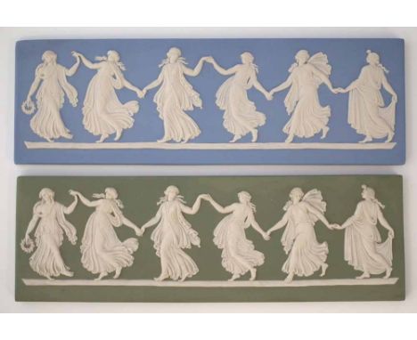 Two Wedgwood dancing hours plaques, in green and light blue jasperware, 7cm x 22.5cm,     Condition report: No damage, restor
