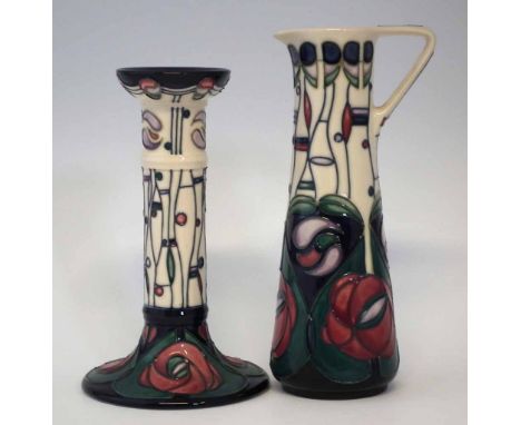 Moorcroft ewer and candlestick, decorated with Charles Rennie Mackintosh patterns, both with second silver line marks and imp