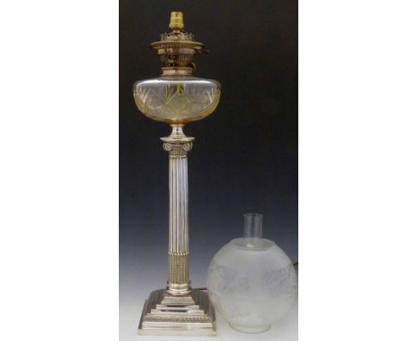 EPNS Corinthian column table oil lamp (converted to electricity) with cut glass reservoir and etched glass shade, height to b